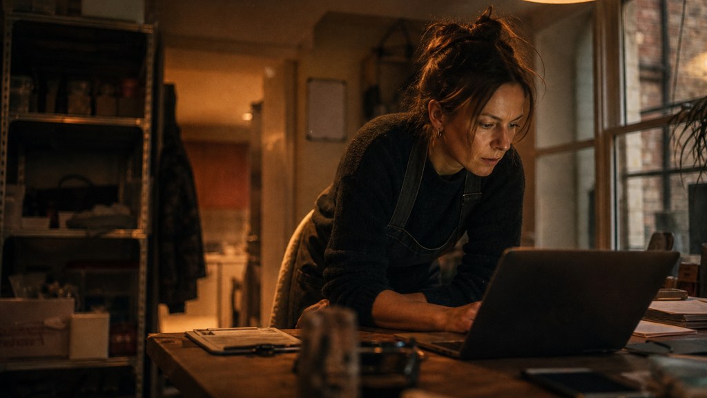 A small-business owner in an apron leaning over a laptop on a cluttered back-office desk late in the day, photographed in Dublin