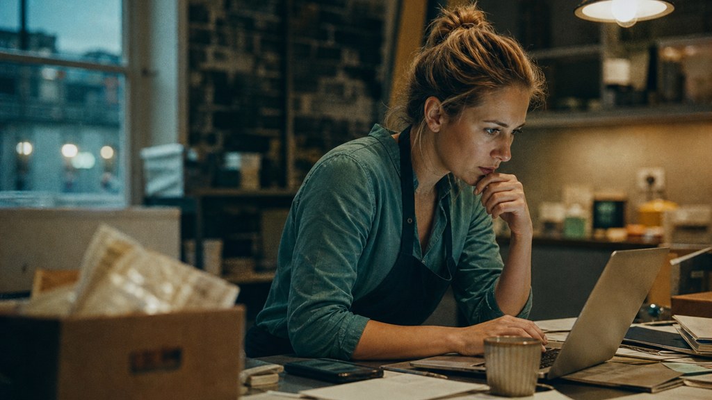 A small-business owner in an apron leaning over a laptop on a cluttered back-office desk late in the day, photographed in Dublin