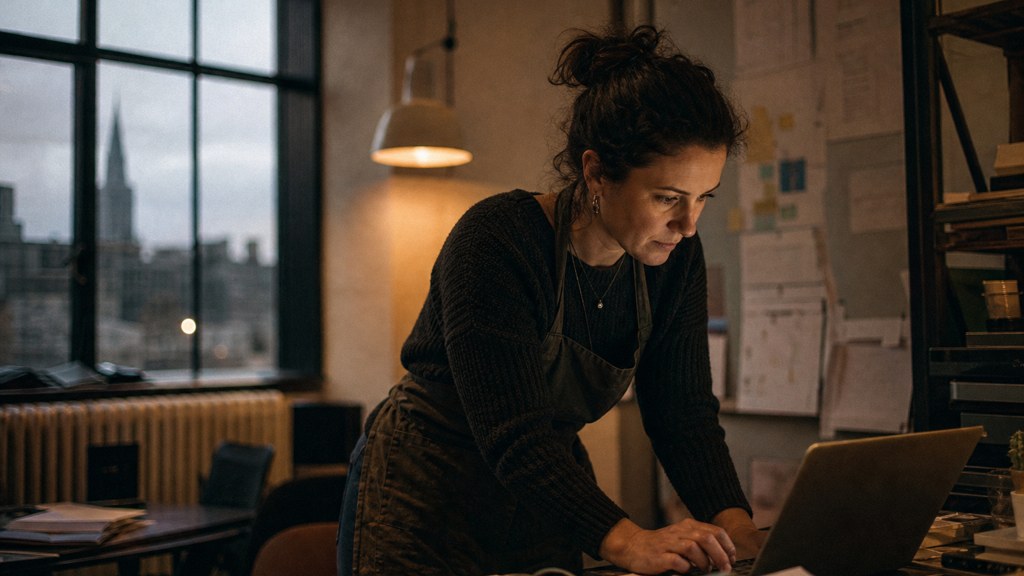 A small-business owner in an apron leaning over a laptop on a cluttered back-office desk late in the day, photographed in Dublin
