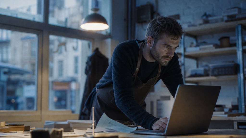 A small-business owner in an apron leaning over a laptop on a cluttered back-office desk late in the day, photographed in Dublin