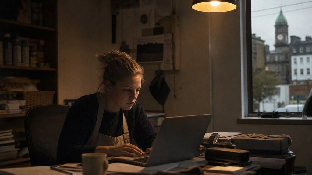 A small-business owner in an apron leaning over a laptop on a cluttered back-office desk late in the day, photographed in Dublin