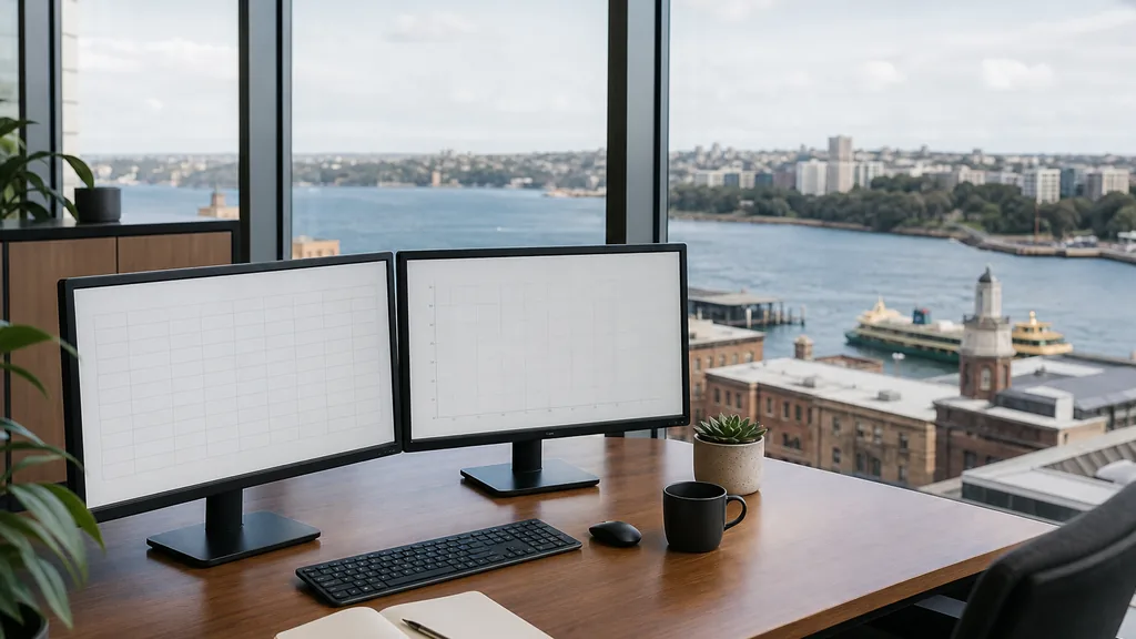Editorial photograph of an empty marketing agency workspace in a Sydney harbourside office with wide windows onto harbour water, ferry wharves and low sandstone rooftops