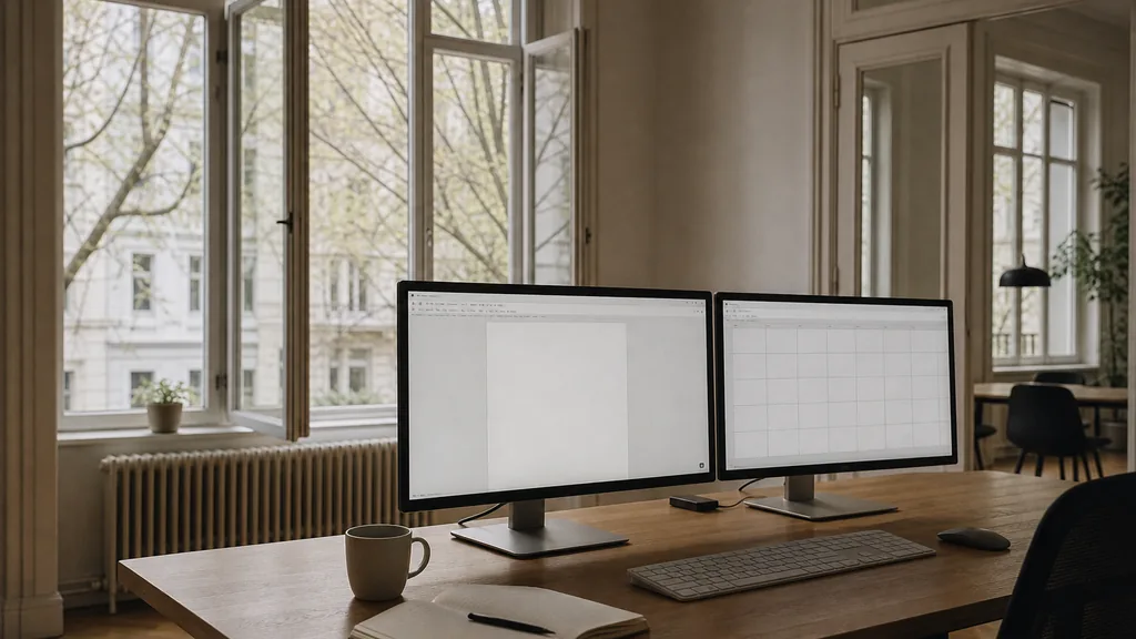 Editorial photograph of an empty marketing agency workspace in a Berlin altbau office with tall casement windows onto plane trees, courtyard facades and flat grey light