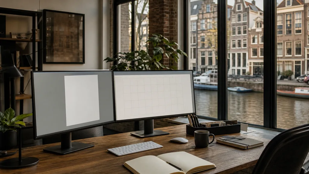 Editorial photograph of an empty marketing agency workspace in an Amsterdam canal house with tall windows onto a canal, gabled brick facades and moored boats