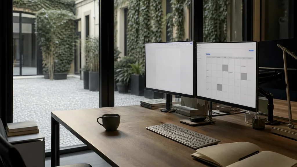 Editorial photograph of an empty marketing agency workspace in a Milan office with tall windows onto a courtyard with terrazzo paving, ivy walls and soft grey light