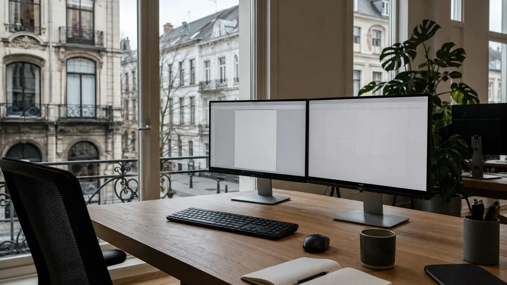 Editorial photograph of an empty marketing agency workspace in a Brussels office with tall windows onto art nouveau townhouse facades, cobbles and low grey daylight