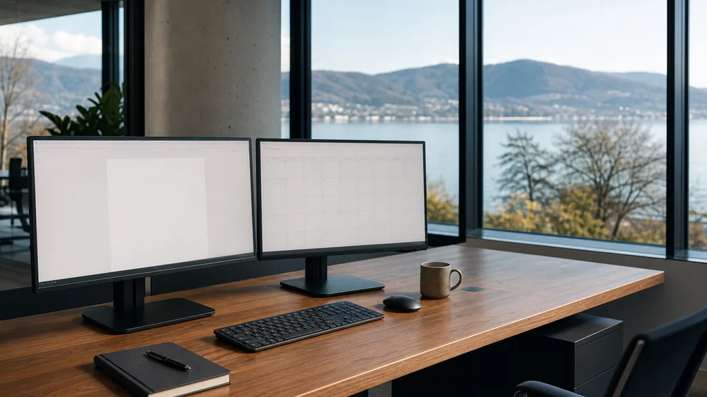 Editorial photograph of an empty marketing agency workspace in a Zurich office with wide windows onto lake water, wooded hills and clear cold light