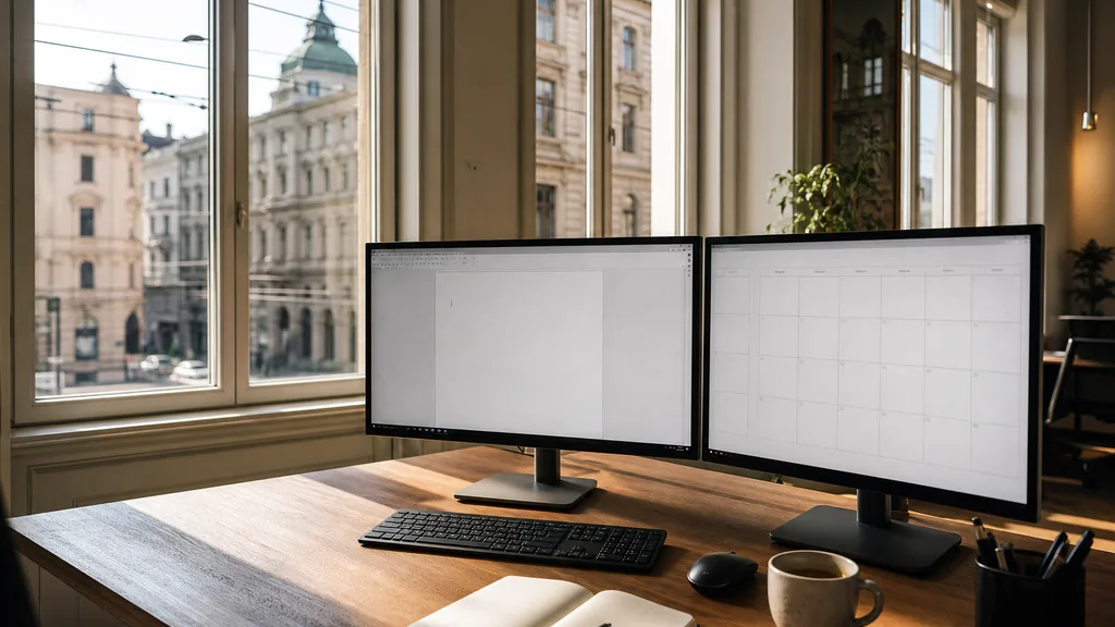 Editorial photograph of an empty marketing agency workspace in a Vienna office with tall casement windows onto imperial stone facades, tram wires and pale winter light