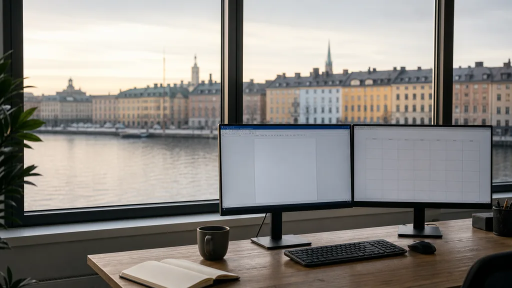 Editorial photograph of an empty marketing agency workspace in a Stockholm office with wide windows onto water, pale grey waterfront buildings and low northern light
