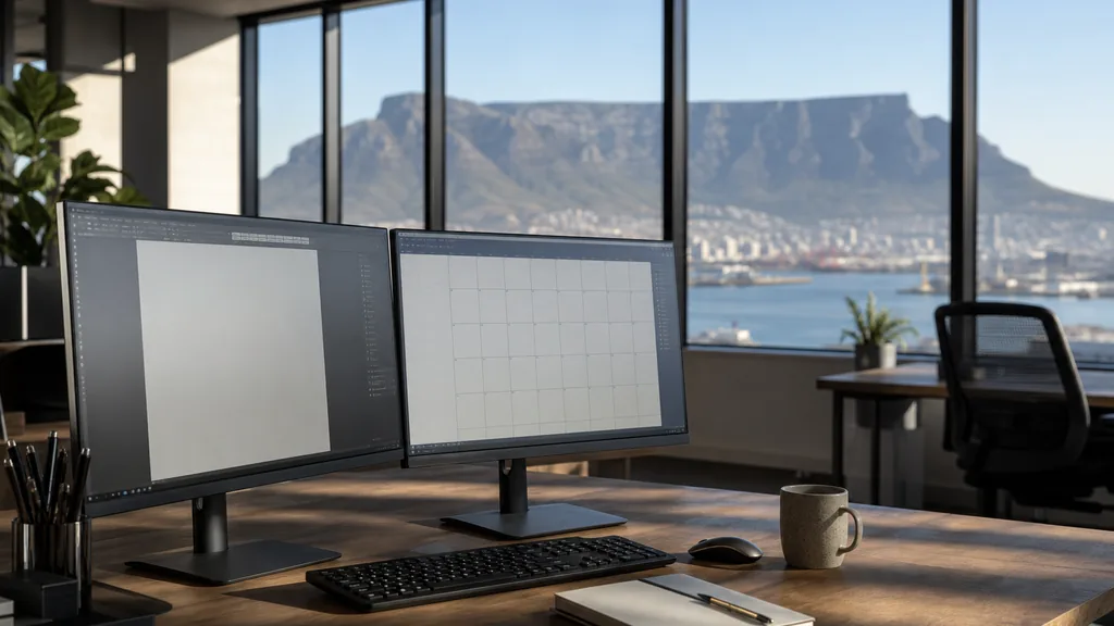 Editorial photograph of an empty marketing agency workspace in a Cape Town office with wide windows onto a flat-topped mountain ridge, harbour water and bright southern light