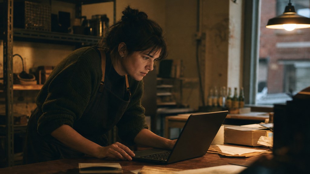 A small-business owner in an apron leaning over a laptop on a cluttered back-office desk late in the day, photographed in Durham