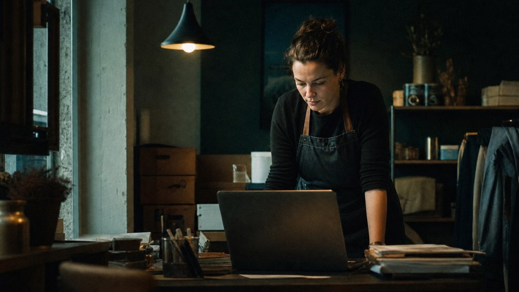 A small-business owner in an apron leaning over a laptop on a cluttered back-office desk late in the day, photographed in Durham