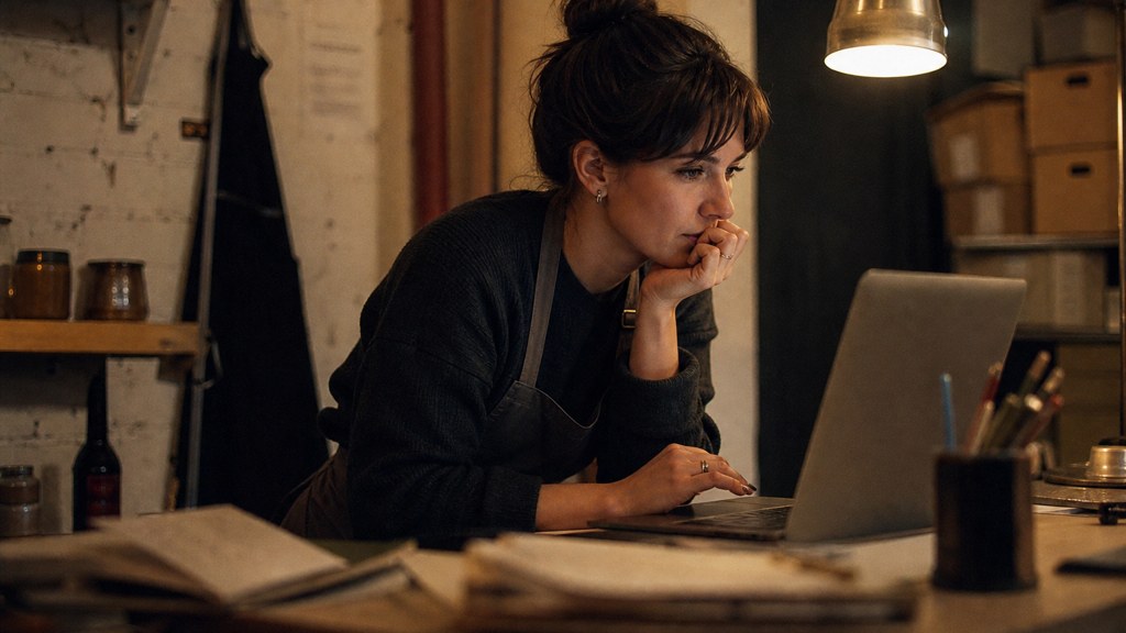 A small-business owner in an apron leaning over a laptop on a cluttered back-office desk late in the day, photographed in Durham