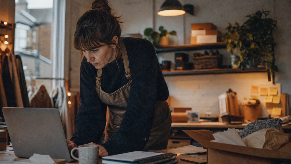 A small-business owner in an apron leaning over a laptop on a cluttered back-office desk late in the day, photographed in Durham