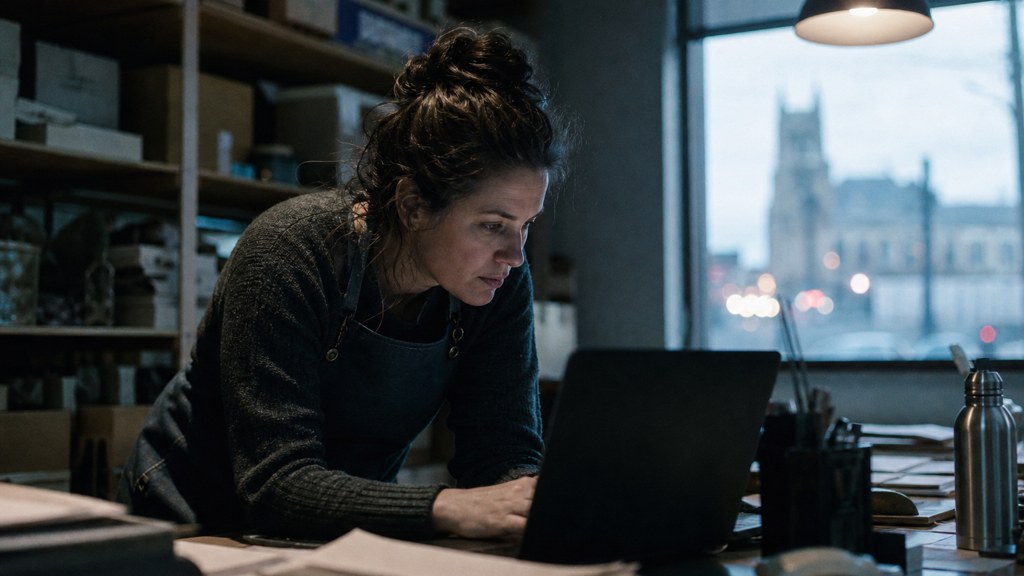 A small-business owner in an apron leaning over a laptop on a cluttered back-office desk late in the day, photographed in Durham