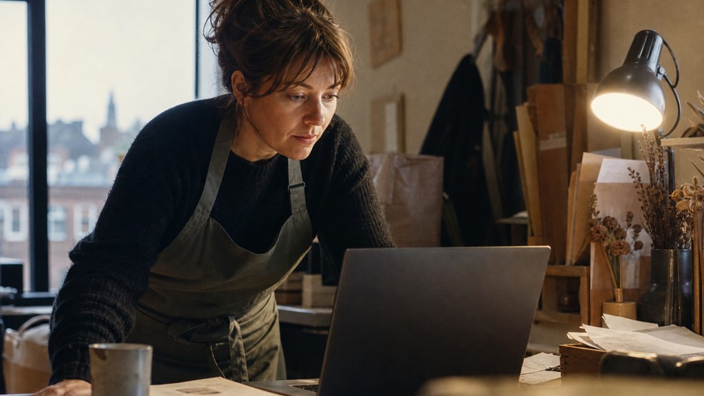 A small-business owner in an apron leaning over a laptop on a cluttered back-office desk late in the day, photographed in Durham