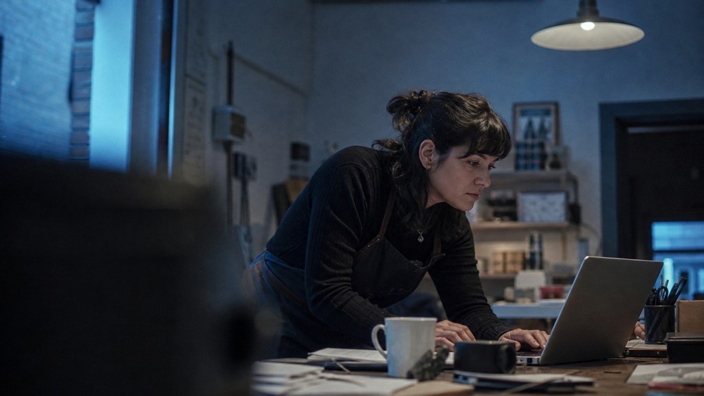 A small-business owner in an apron leaning over a laptop on a cluttered back-office desk late in the day, photographed in Durham