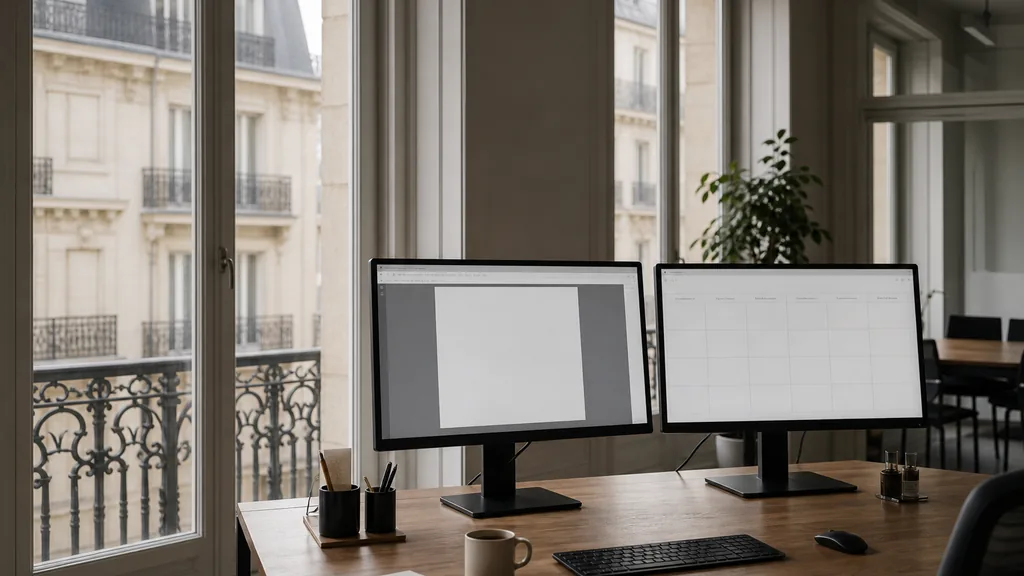 Editorial photograph of an empty marketing agency workspace in a Paris haussmann office with tall windows onto zinc roofs, iron balconies and soft grey light
