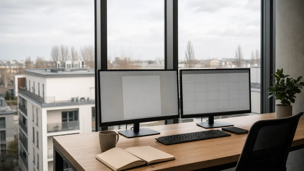 Editorial photograph of an empty marketing agency workspace in a Warsaw office with wide windows onto glass towers, a socialist-era spire and cool northern light