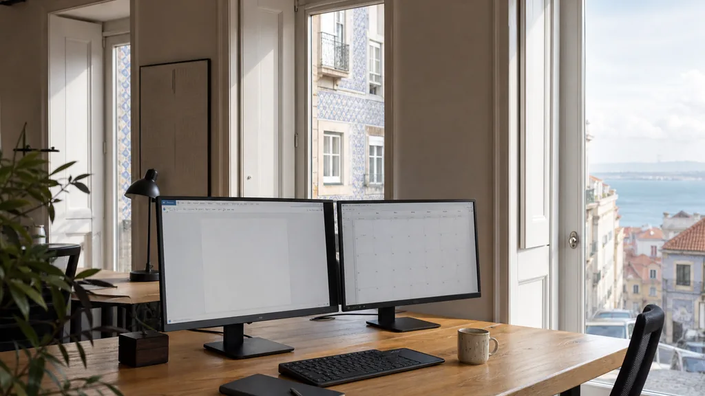 Editorial photograph of an empty marketing agency workspace in a Lisbon office with tall windows onto tiled facades, terracotta roofs and bright atlantic light