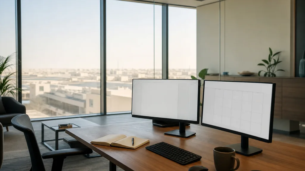 Editorial photograph of an empty marketing agency workspace in an Abu Dhabi tower office with wide windows onto corniche water, pale towers and hard desert light