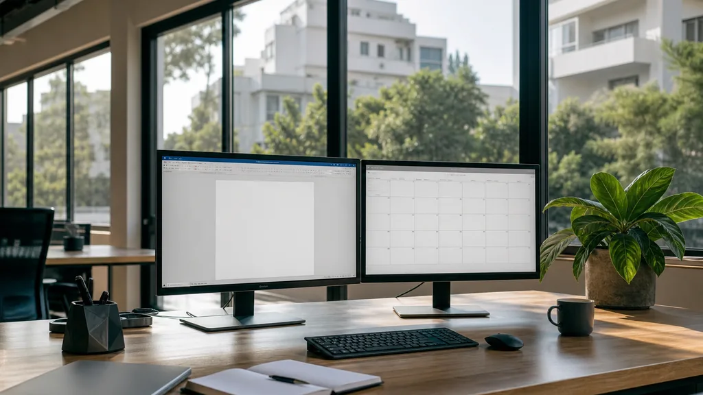 Editorial photograph of an empty marketing agency workspace in a Tel Aviv bauhaus office with wide windows onto white balconies, ficus trees and bright coastal light