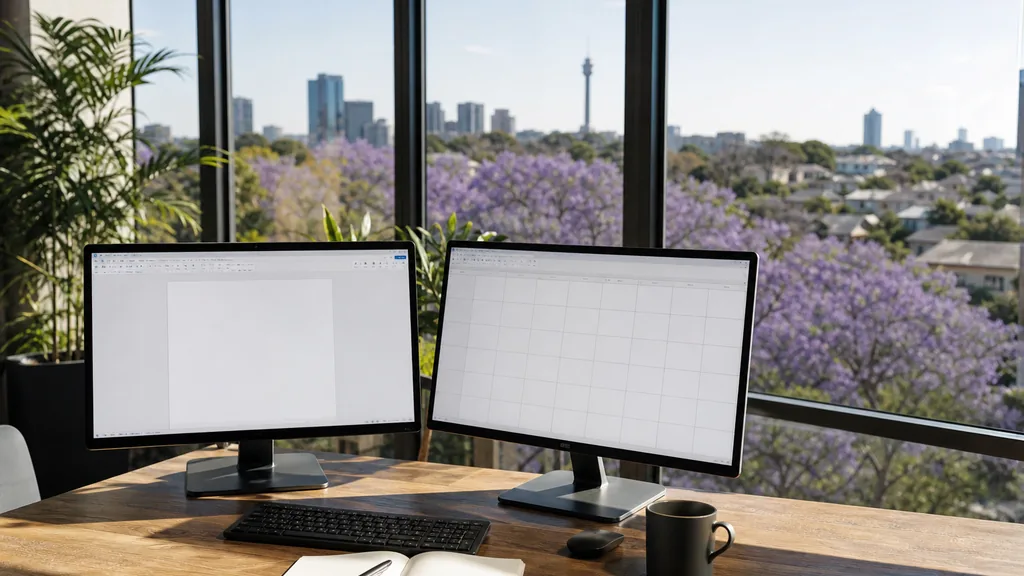 Editorial photograph of an empty marketing agency workspace in a Johannesburg office with wide windows onto jacaranda trees, low brick suburbs and high veld light