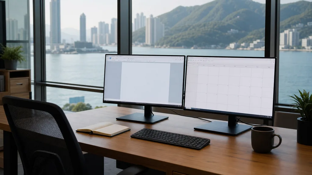 Editorial photograph of an empty marketing agency workspace in a Hong Kong tower office with wide windows onto harbour water, dense towers and hazy subtropical light