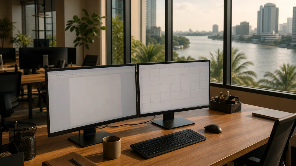 Editorial photograph of an empty marketing agency workspace in a Bangkok tower office with wide windows onto elevated rail lines, green canals and warm humid light