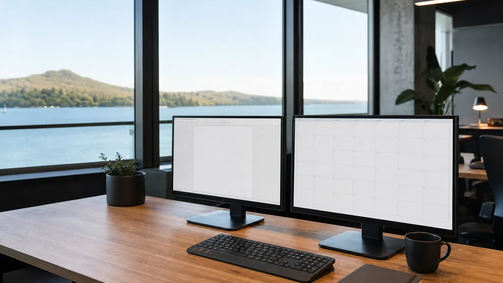 Editorial photograph of an empty marketing agency workspace in an Auckland office with wide windows onto harbour water, volcanic hills and clear southern light