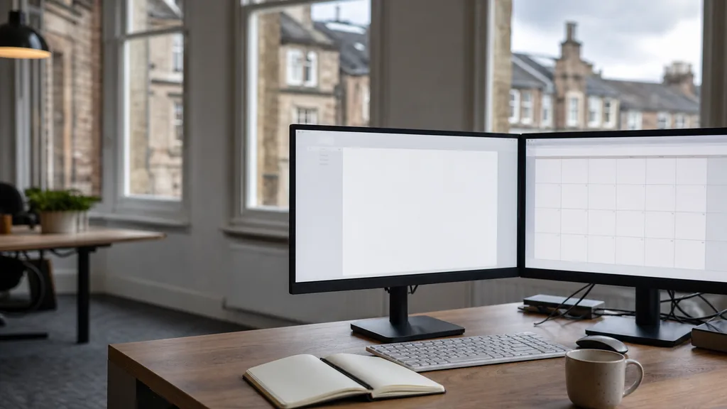 Editorial photograph of an empty marketing agency workspace in a Glasgow sandstone office with tall windows onto tenement rooftops, a red brick chimney and soft grey light