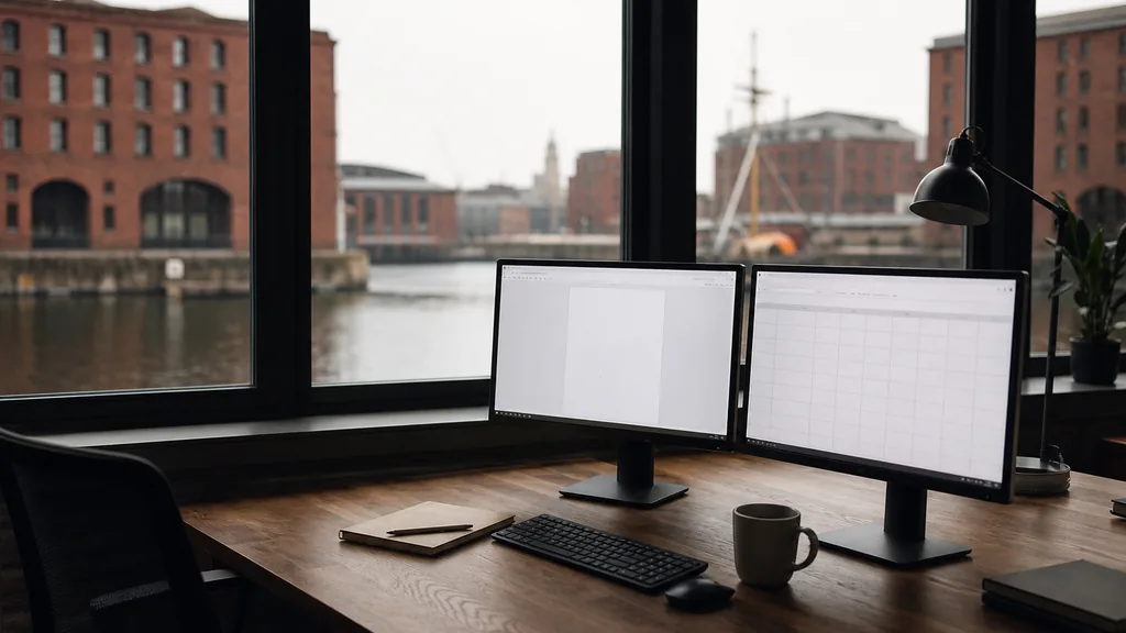Editorial photograph of an empty marketing agency workspace in a Liverpool warehouse office with arched windows onto dock water, brick wharves and pale northern light