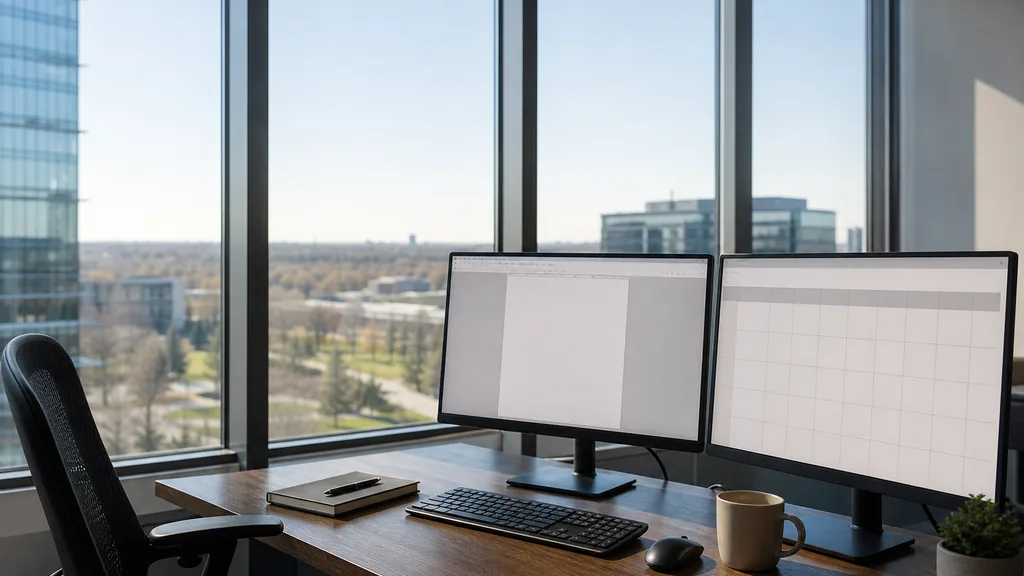 Editorial photograph of an empty marketing agency workspace in a Mississauga office tower with wide windows onto low glass buildings, parkland and clear cold light