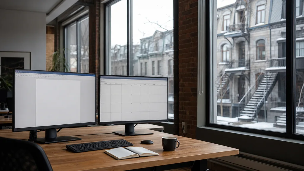 Editorial photograph of an empty marketing agency workspace in a Montreal brick loft with tall windows onto iron staircases, snow-edged streets and bright winter light