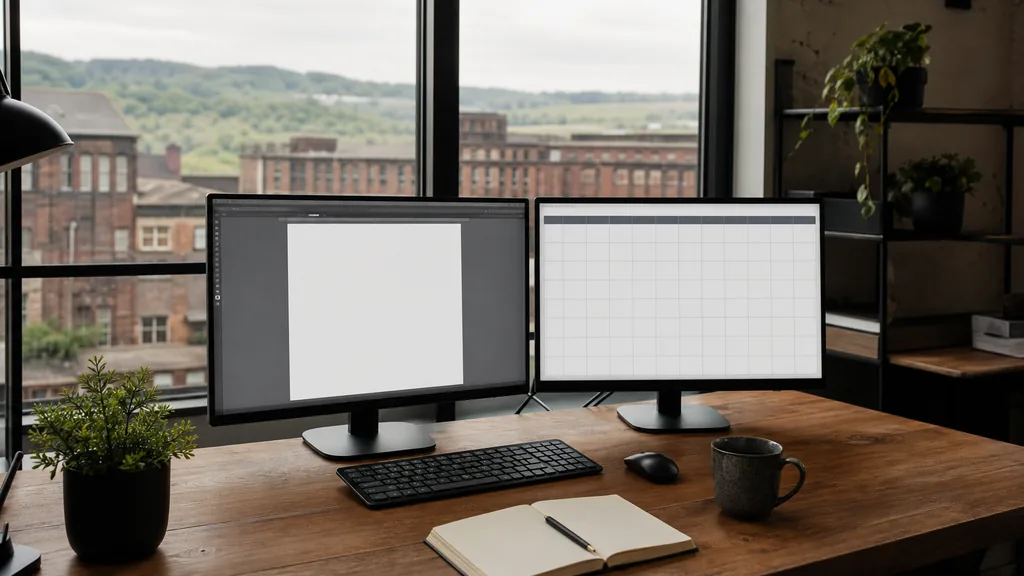 Editorial photograph of an empty marketing agency workspace in a Sheffield steelworks conversion with steel-framed windows onto brick mills, green hills and soft grey light