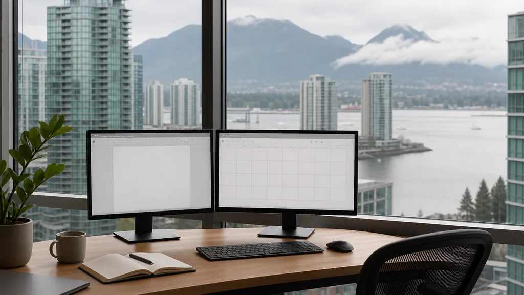 Editorial photograph of an empty marketing agency workspace in a Vancouver office with wide windows onto inlet water, coastal mountains and soft rainy pacific light