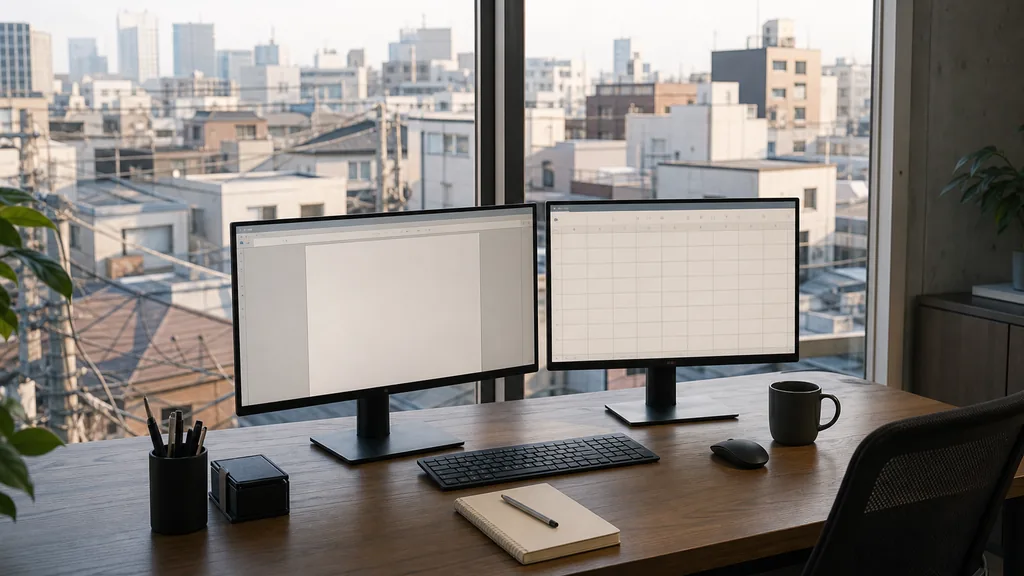 Editorial photograph of an empty marketing agency workspace in a Tokyo office with wide windows onto dense low rooftops, elevated rail lines and pale morning light