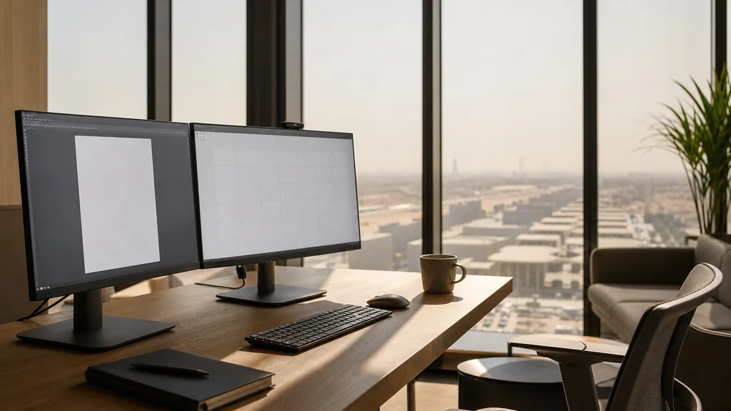 Editorial photograph of an empty marketing agency workspace in a Riyadh tower office with wide windows onto pale low districts, distant towers and hard desert light