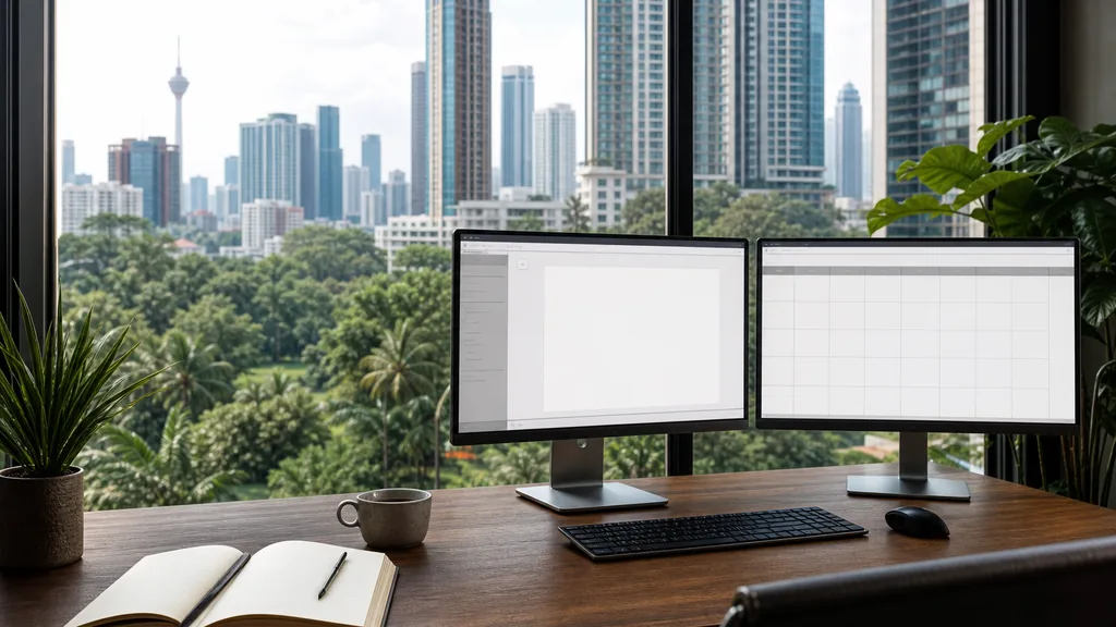 Editorial photograph of an empty marketing agency workspace in a Kuala Lumpur tower office with wide windows onto palm-lined streets, glass towers and warm humid light