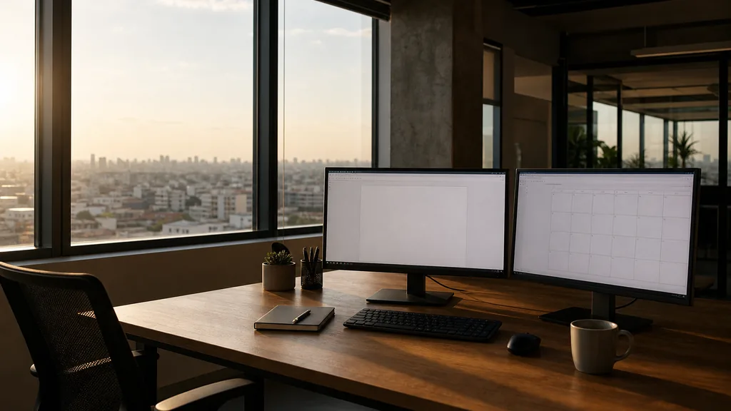 Editorial photograph of an empty marketing agency workspace in a Sao Paulo office with wide windows onto endless concrete towers, jacaranda trees and hazy afternoon light