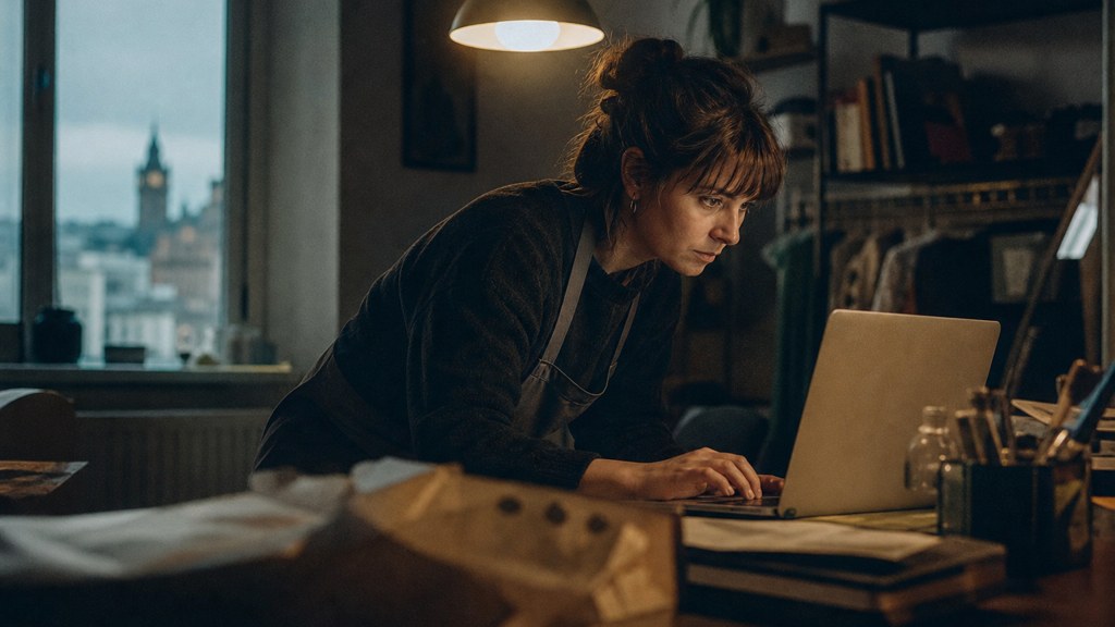 A small-business owner in an apron leaning over a laptop on a cluttered back-office desk late in the day, photographed in Edinburgh