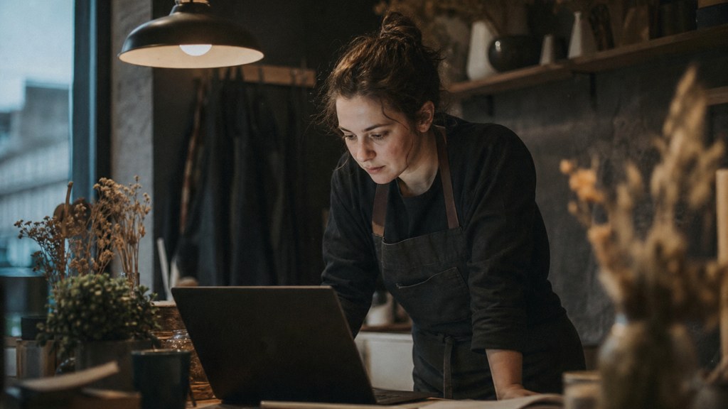 A small-business owner in an apron leaning over a laptop on a cluttered back-office desk late in the day, photographed in Edinburgh