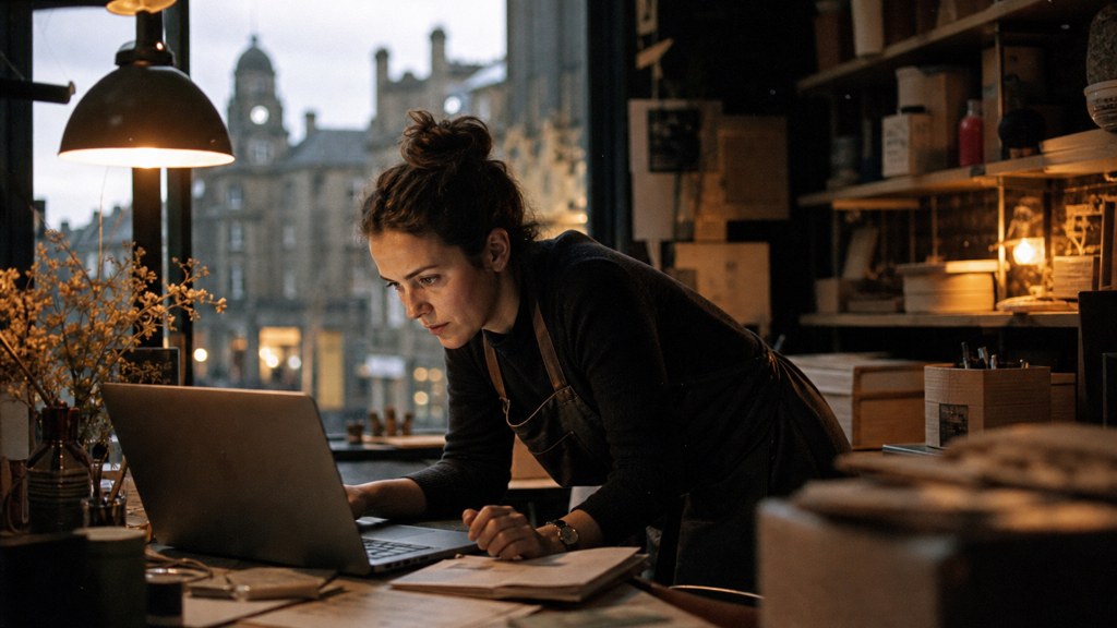 A small-business owner in an apron leaning over a laptop on a cluttered back-office desk late in the day, photographed in Edinburgh