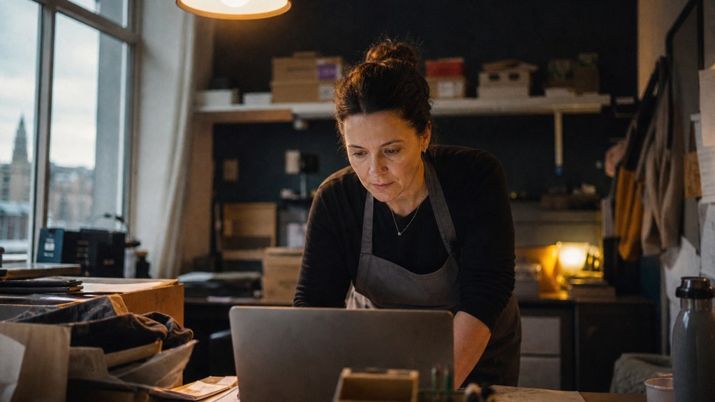 A small-business owner in an apron leaning over a laptop on a cluttered back-office desk late in the day, photographed in Edinburgh