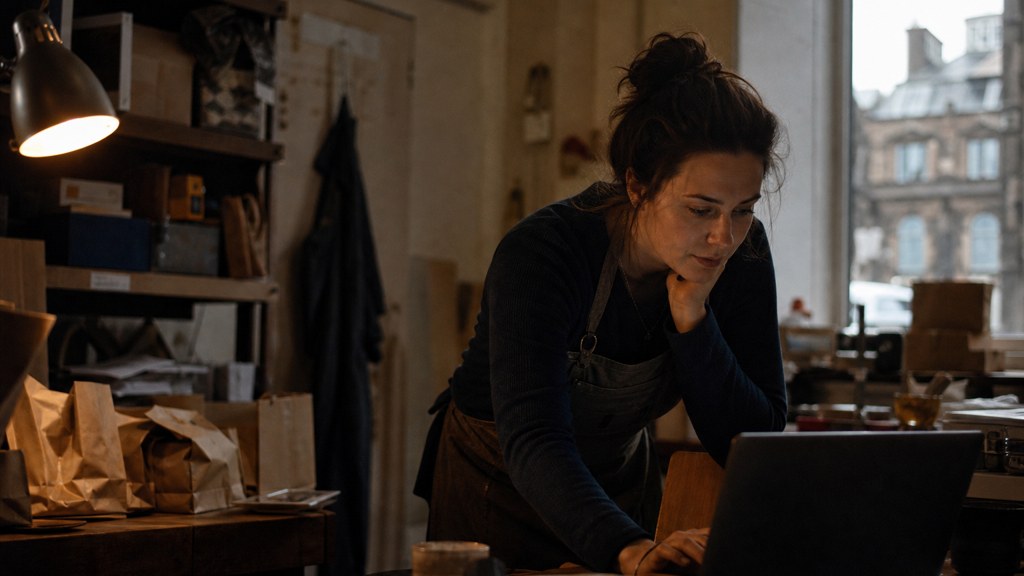 A small-business owner in an apron leaning over a laptop on a cluttered back-office desk late in the day, photographed in Edinburgh