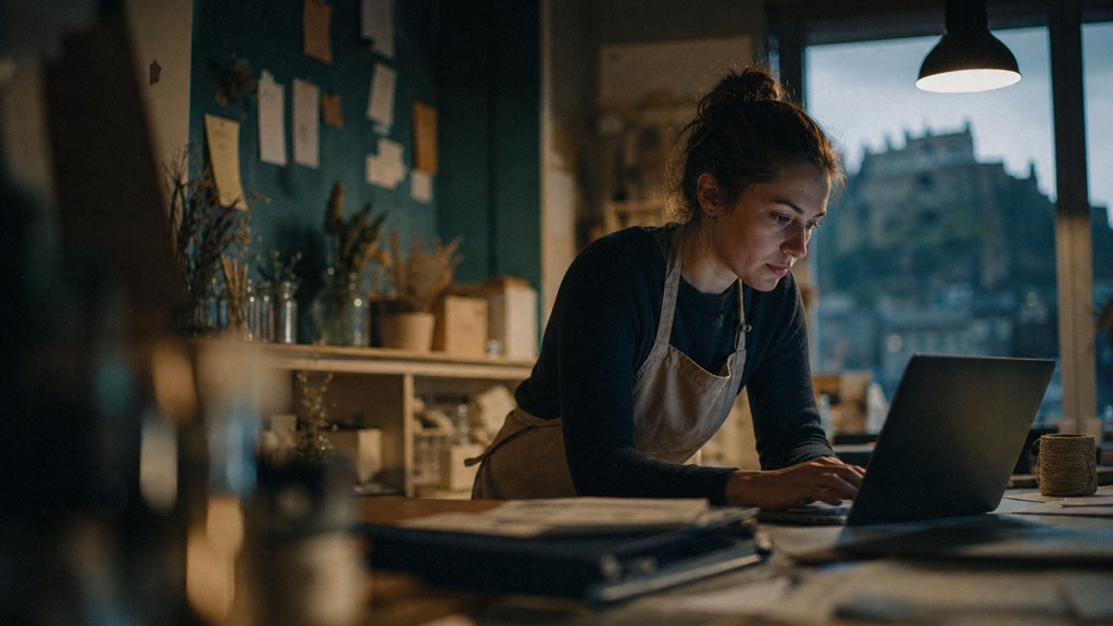 A small-business owner in an apron leaning over a laptop on a cluttered back-office desk late in the day, photographed in Edinburgh