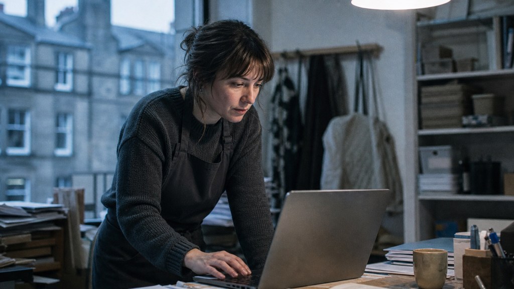 A small-business owner in an apron leaning over a laptop on a cluttered back-office desk late in the day, photographed in Edinburgh