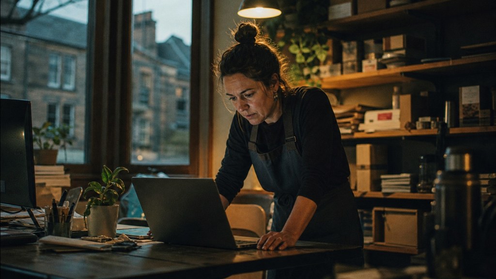 A small-business owner in an apron leaning over a laptop on a cluttered back-office desk late in the day, photographed in Edinburgh