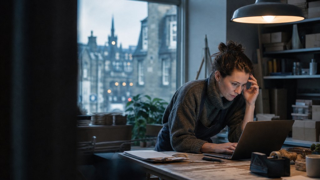 A small-business owner in an apron leaning over a laptop on a cluttered back-office desk late in the day, photographed in Edinburgh