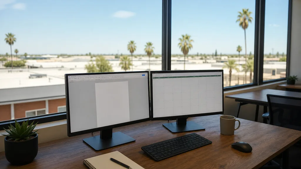 Editorial photograph of an empty marketing agency workspace in a Fresno low-rise office with wide windows onto palm trees, flat farmland roads and hard valley sunlight